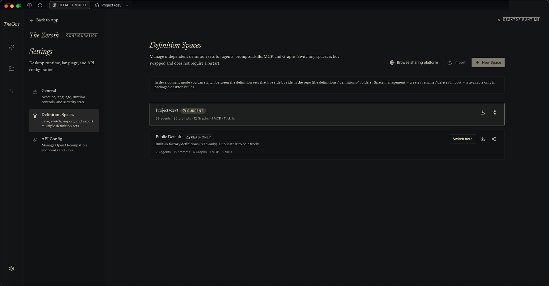 The Definition Spaces management page