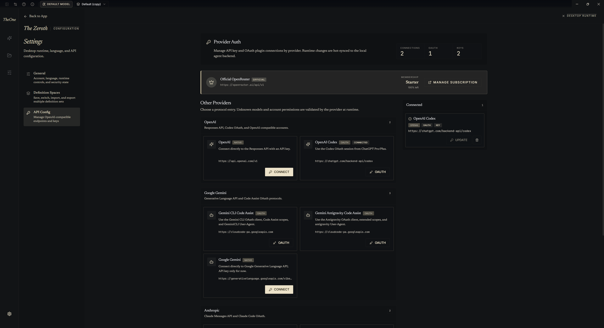 The API configuration page