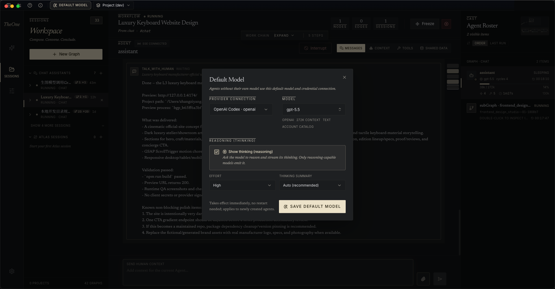 The default model and reasoning settings