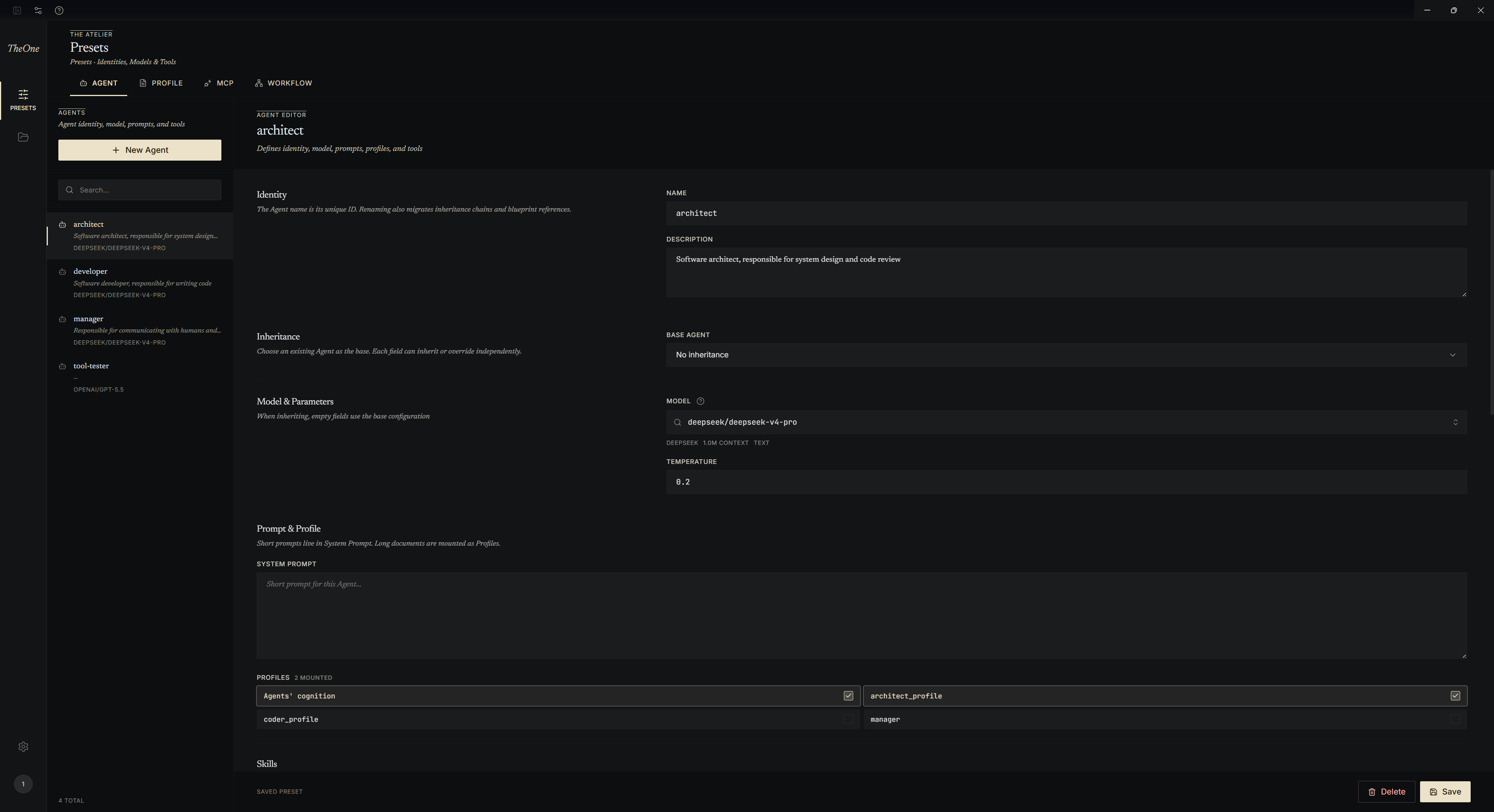 The Zeroth agent preset editor showing agent identity, model, prompt, profiles, tools and skills.