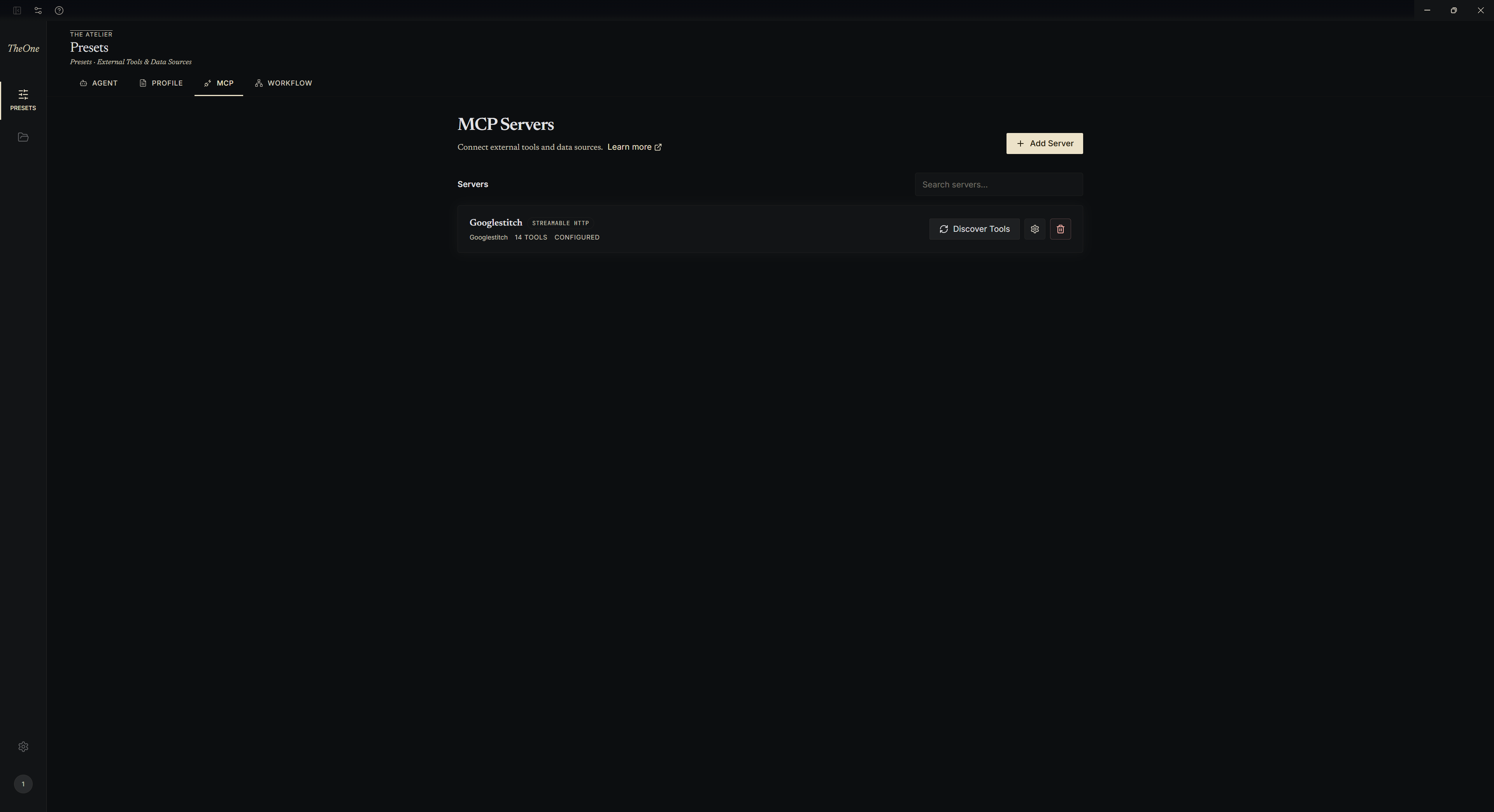 The Zeroth MCP server configuration screen with discoverable tools.